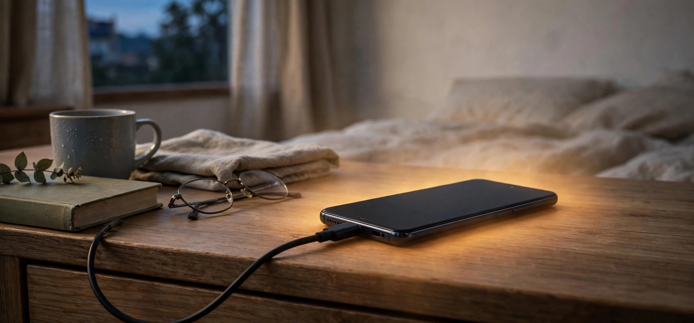 An Android phone charging on a desk with a thermometer icon showing rising heat beside it.