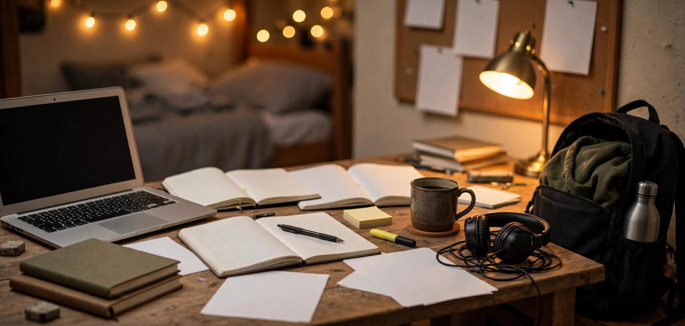 A college student studying at a desk with a laptop displaying AI study tools and open notebooks.