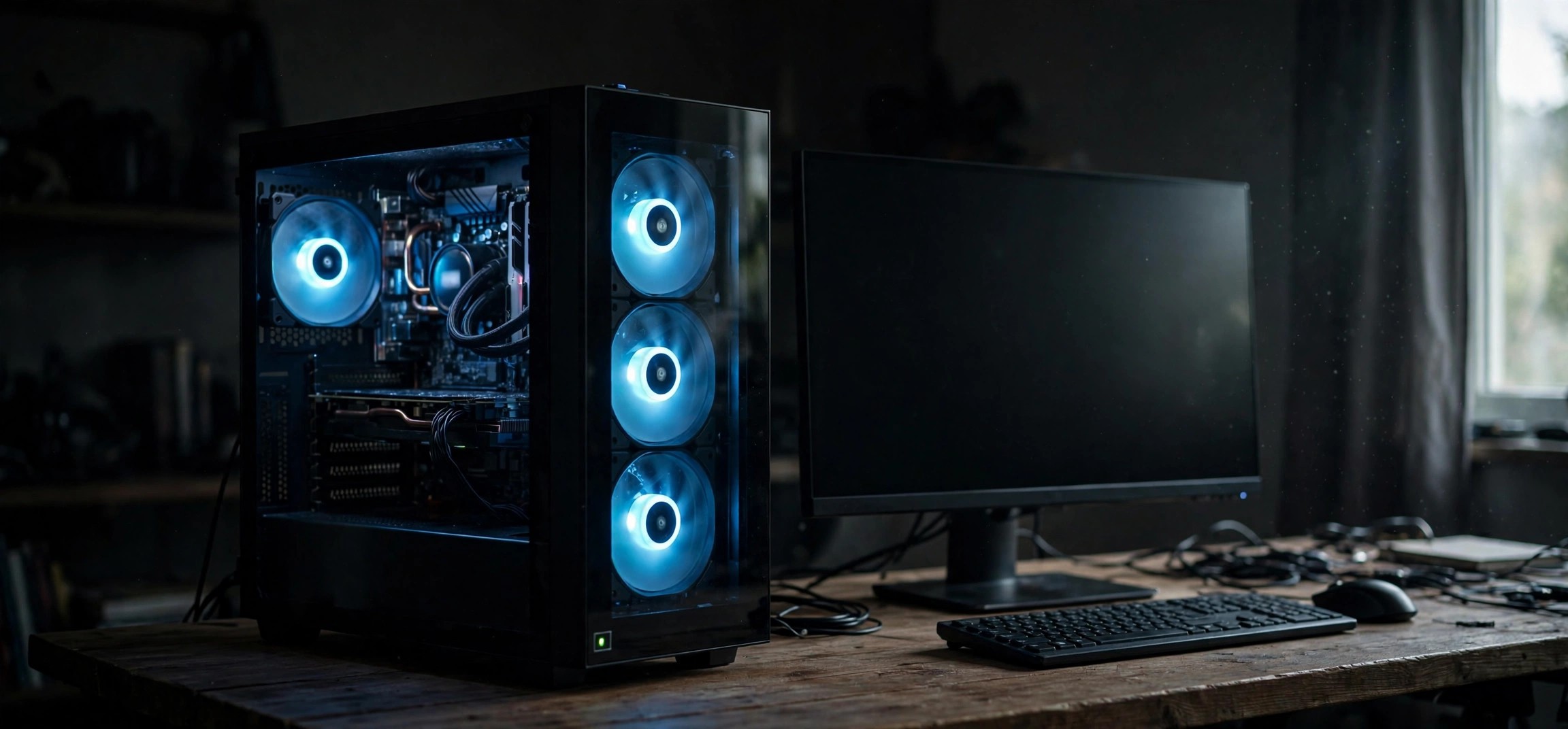 Desktop PC with spinning fans and glowing lights but a black monitor screen, illustrating a no-display hardware troubleshooting guide.