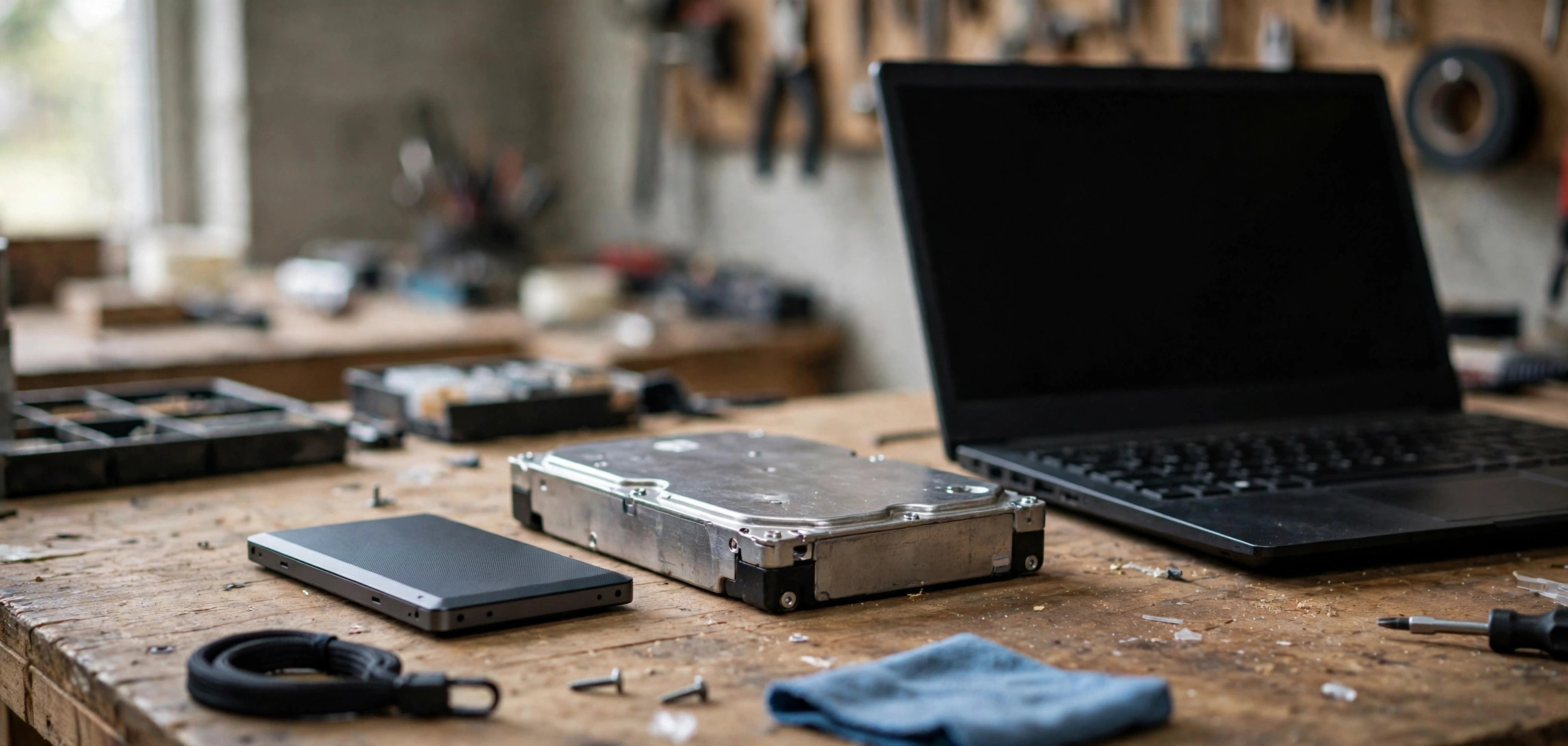 A side-by-side comparison of an SSD and an HDD on a desk next to an open laptop.