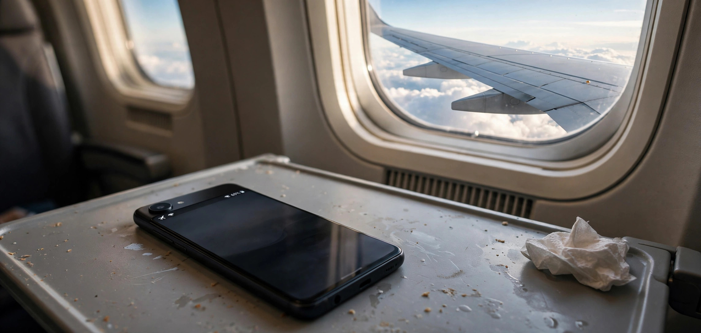 A smartphone with the airplane mode icon highlighted in the quick settings panel above a blurred airplane window view.