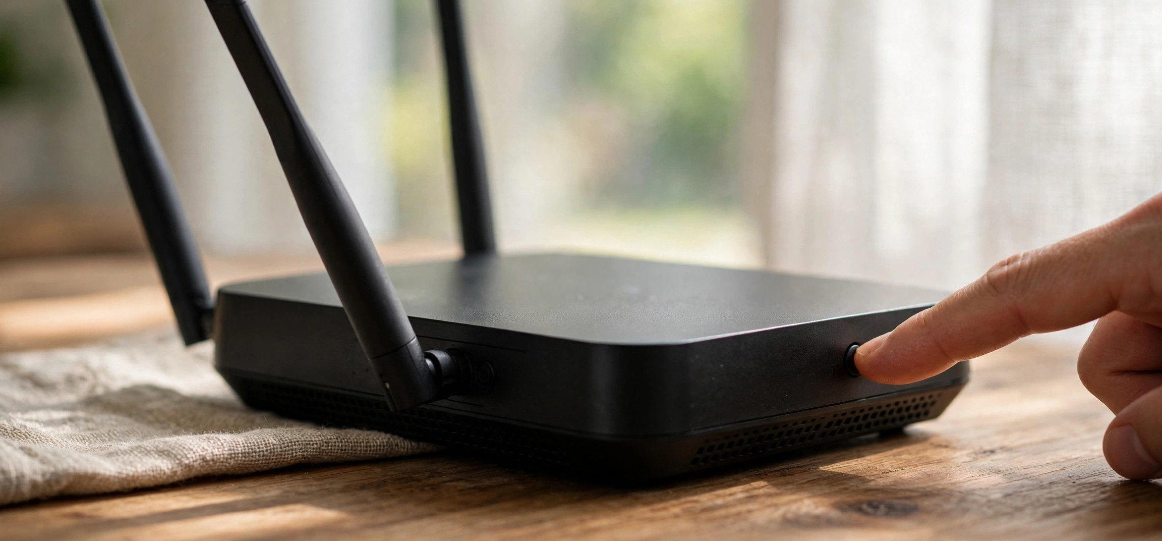 A person's finger pressing the small WPS button on the back panel of a wireless router.
