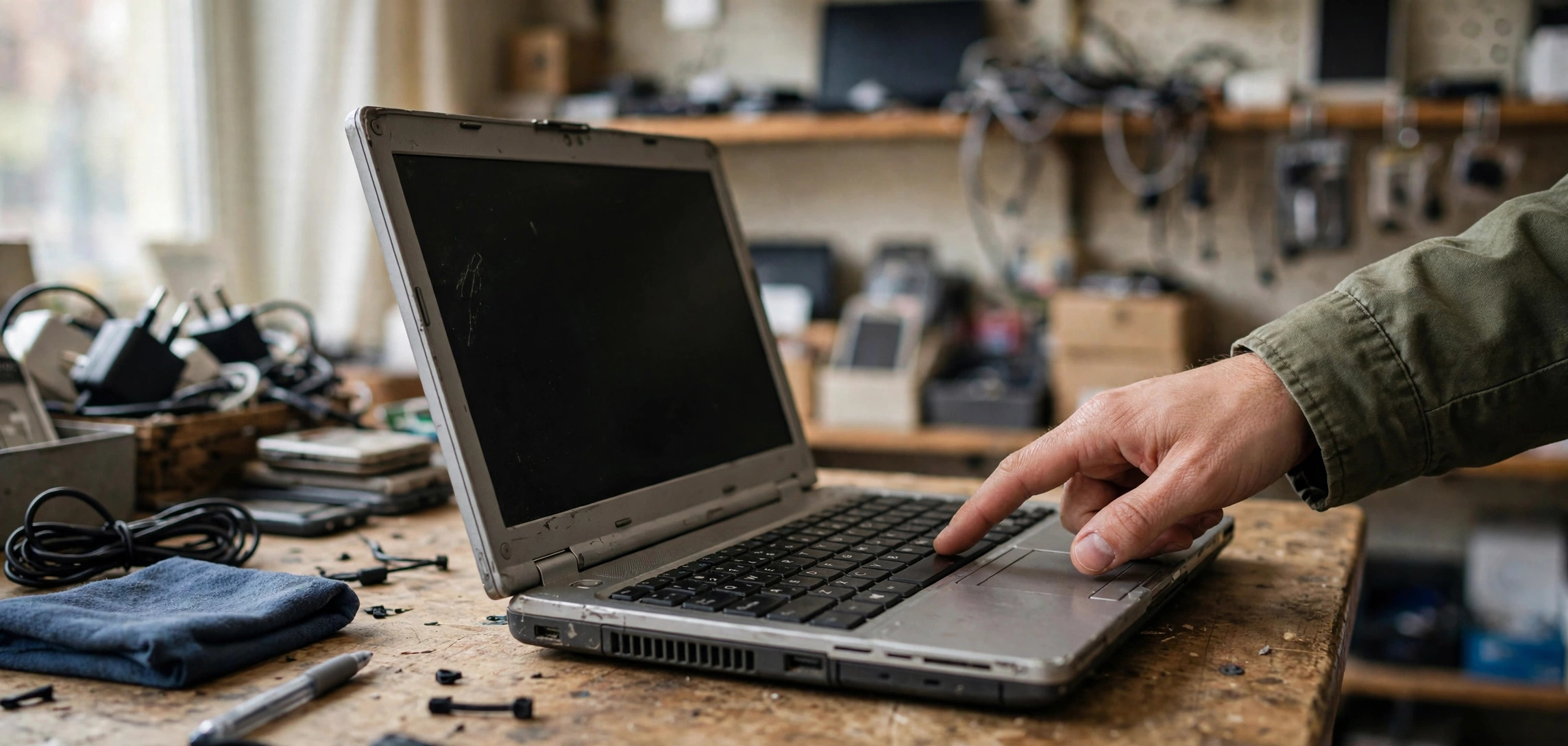 A person inspecting a second-hand laptop keyboard and screen closely before purchase.