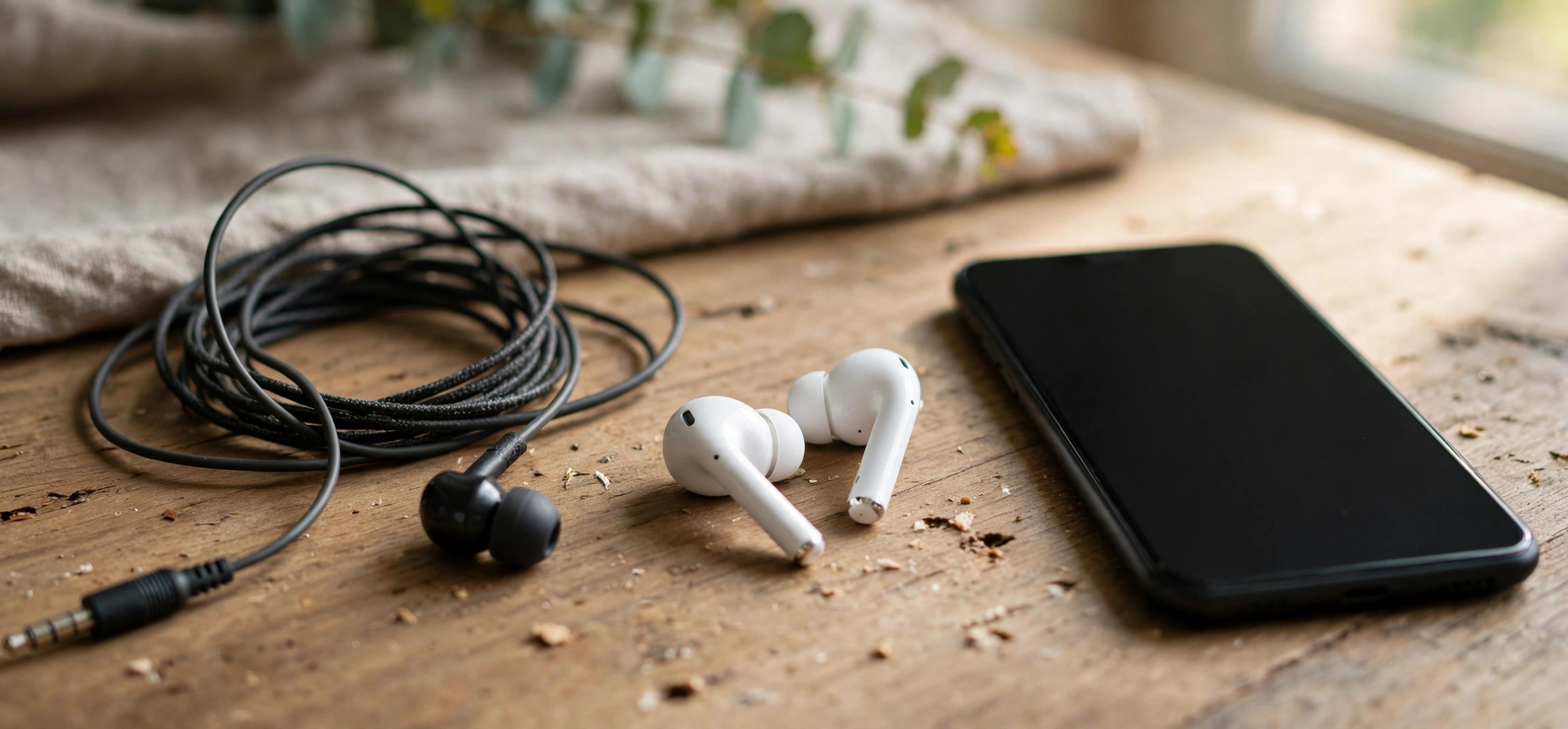 A side-by-side comparison of wired earbuds with an inline microphone and wireless earbuds in a charging case.